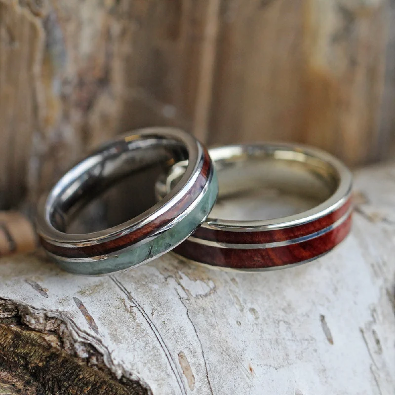 custom engraved engagement rings -Green Jade Wedding Band Set with Redwood and Cedar Wood