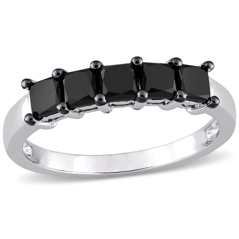 Miadora 1 1/4ct TDW Princess-Cut Black Diamond 5-Stone Semi-Eternity Band Ring in 10k White Gold