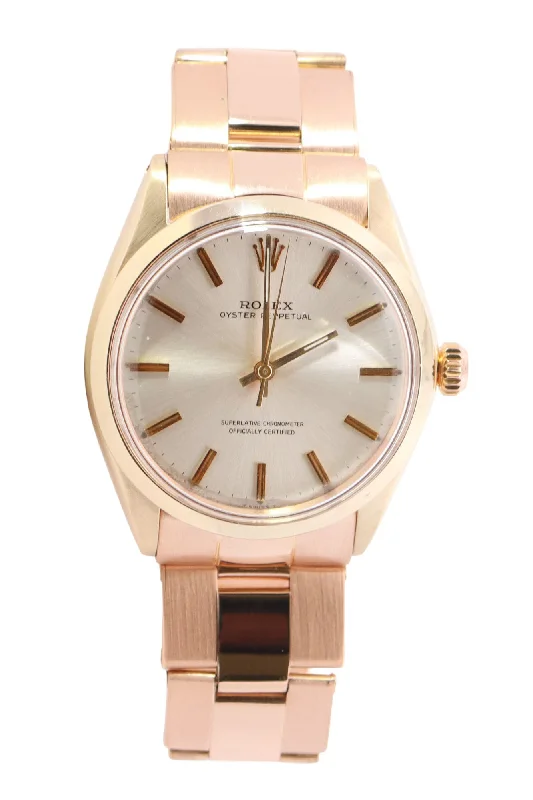 Rolex Oyster Perpetual Yellow Gold 34mm Silver Stick Dial Watch Reference #: 1005