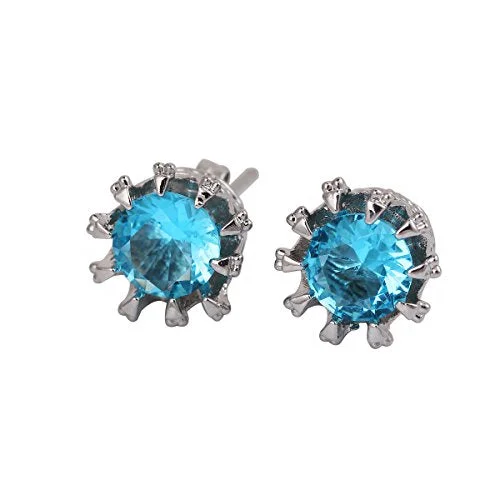 multi-stone rings for women -Sexy Sparkles Copper Blue Ear Stud Earrings Cubic Zirconia Inlaid Crown 9mm