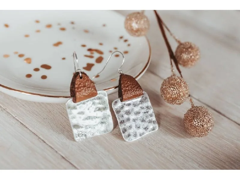 silver statement rings for women -Leather strap Hammered square earrings,