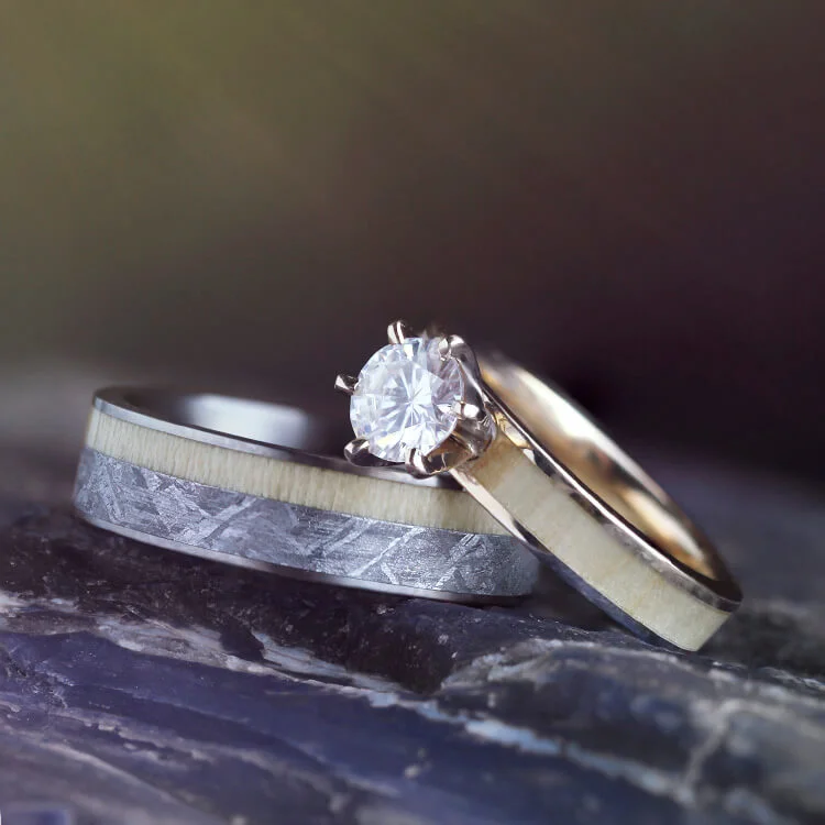 modern engagement rings for women -Aspen Wood Wedding Ring Set, Yellow Gold Moissanite Engagement with Meteorite Wedding Band