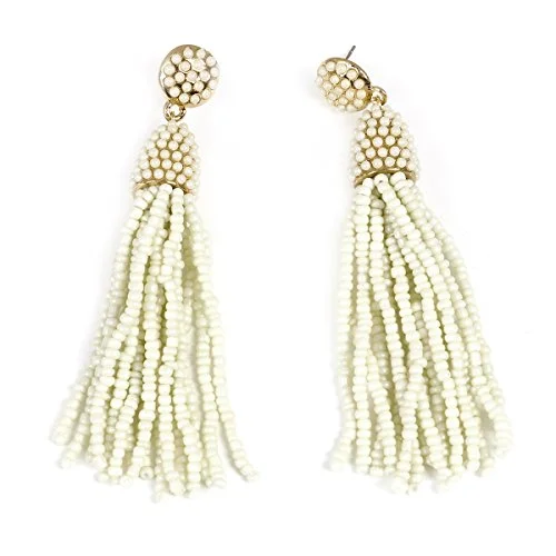 elegant diamond rings for women -Sexy Sparkles Women's White Beaded tassel earrings Long Fringe Drop Earrings Dangle