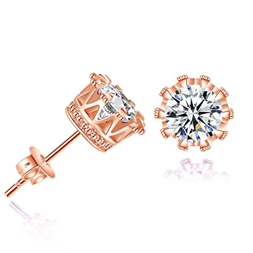 elegant rings for women -Sexy Sparkles Copper Ear Stud Earrings Cubic Zirconia Inlaid Crown 9mm Rose Gold Tone