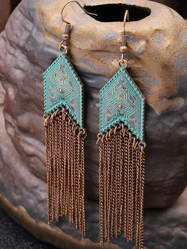 square-shaped rings for women -Turquoise and Bronze Metal Tassel Earrings