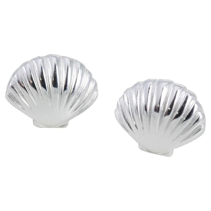 gemstone earrings for women -Scallop Shell Sterling Silver Stud Earrings