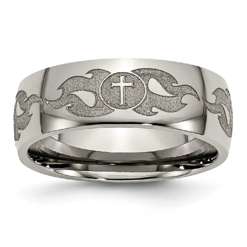 elegant necklaces for women -8mm Titanium Etched/Polished Cross & Flames Domed Standard Fit Band