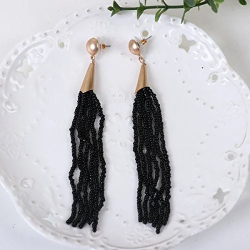 trendy rings for women -Sexy Sparkles Women's Beaded tassel earrings Long Fringe Drop Earrings Dangle