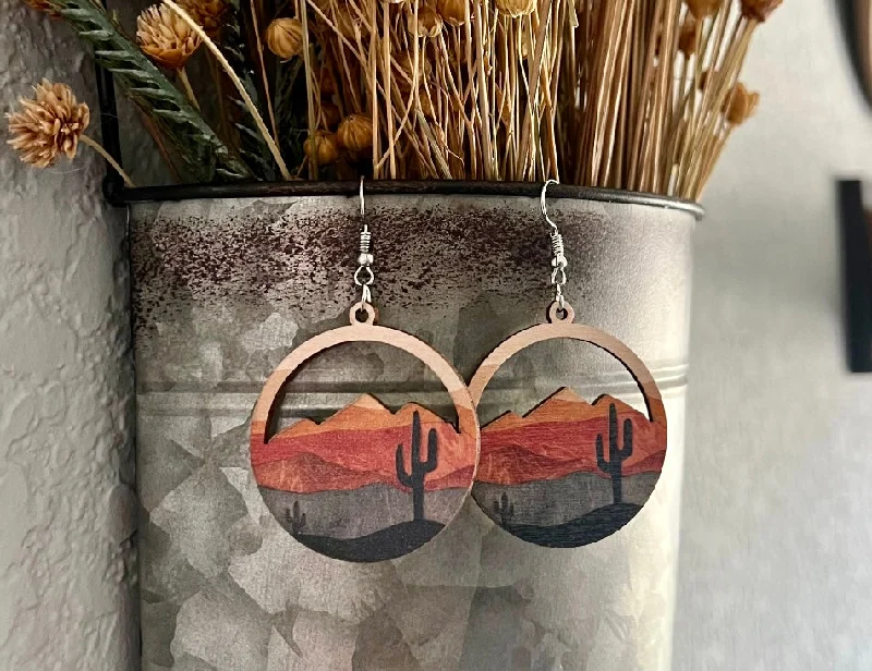 bold earrings for women -Round Wooden Desert Cactus Drop Earrings