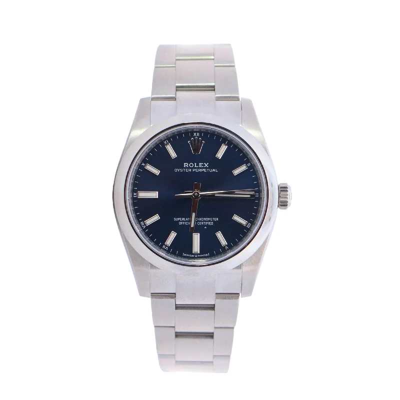 Rolex Oyster Perpetual Stainless Steel 34mm Blue Stick Dial Watch Reference #: 124200