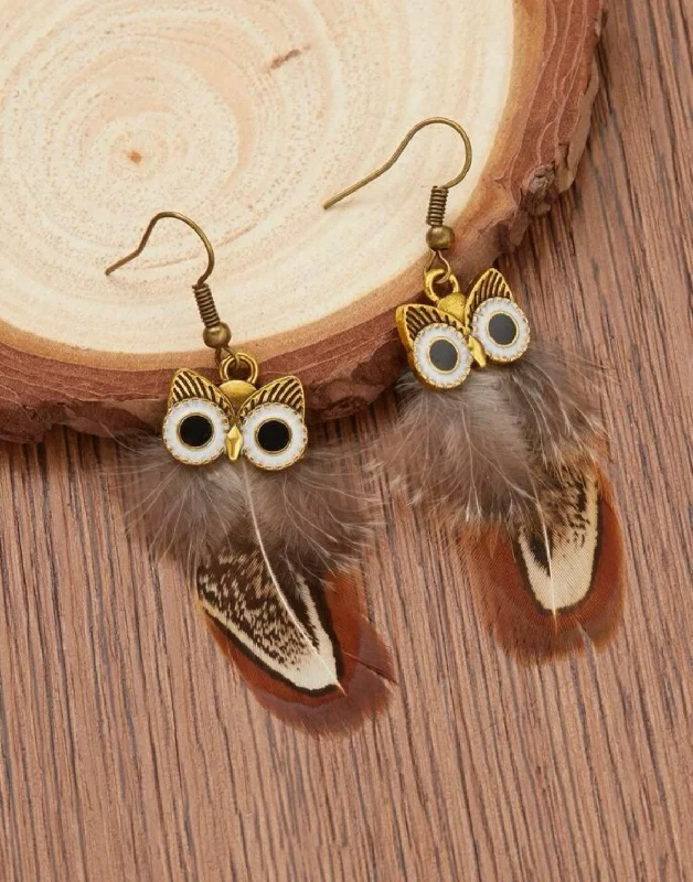 geometric earrings for women -Owl Feather Earrings