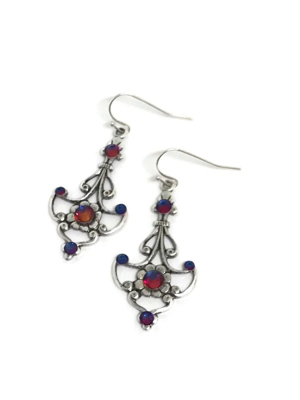 chunky earrings for women -Silver Filigree Crystal Drop Earrings