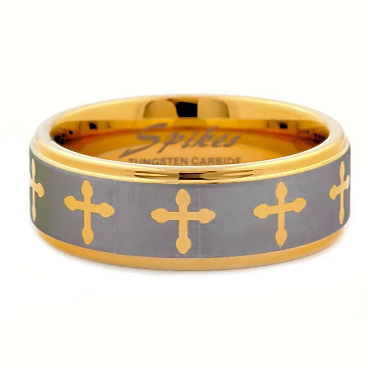 Saints Cross: Mens Gold IP Tungsten Carbide Comfort Fit Band Ring