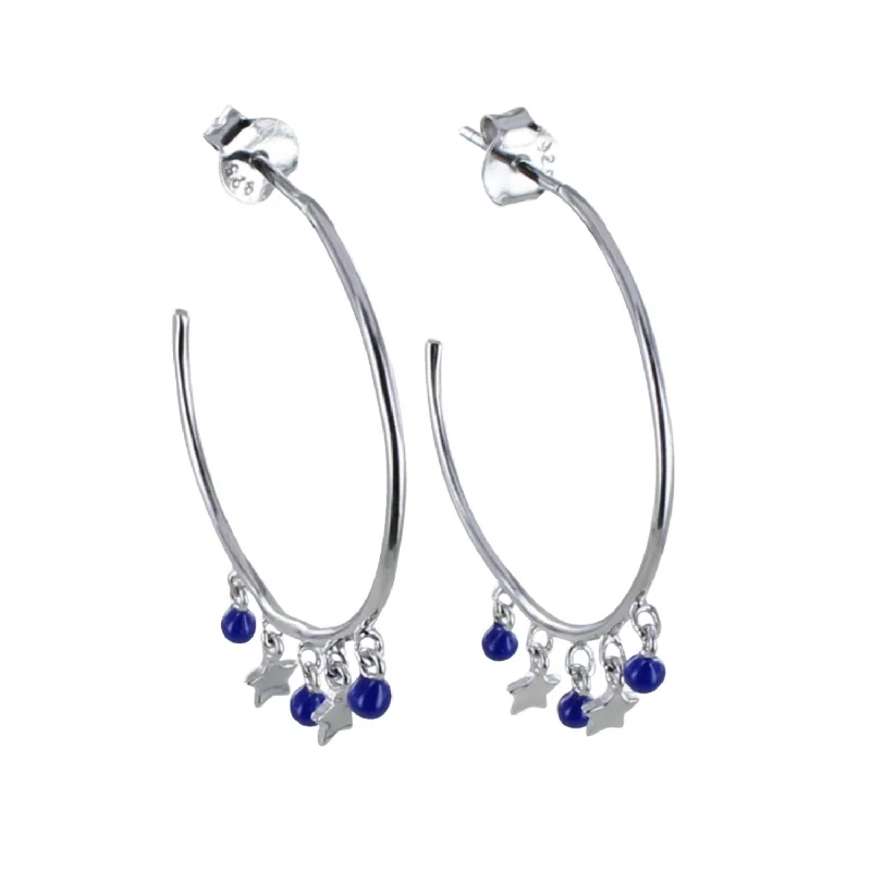 bridal crystal earrings for women -Blue Starry Sterling Silver Hoop Earring