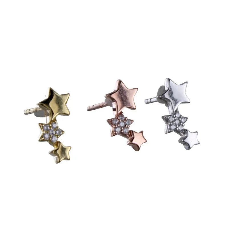 lightweight earrings for women -Sterling Silver Trio Star Pavé Studs