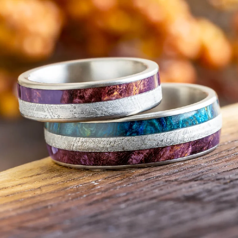 engagement rings with colored stones -Purple & Blue Burl Wood & Meteorite Wedding Band Set