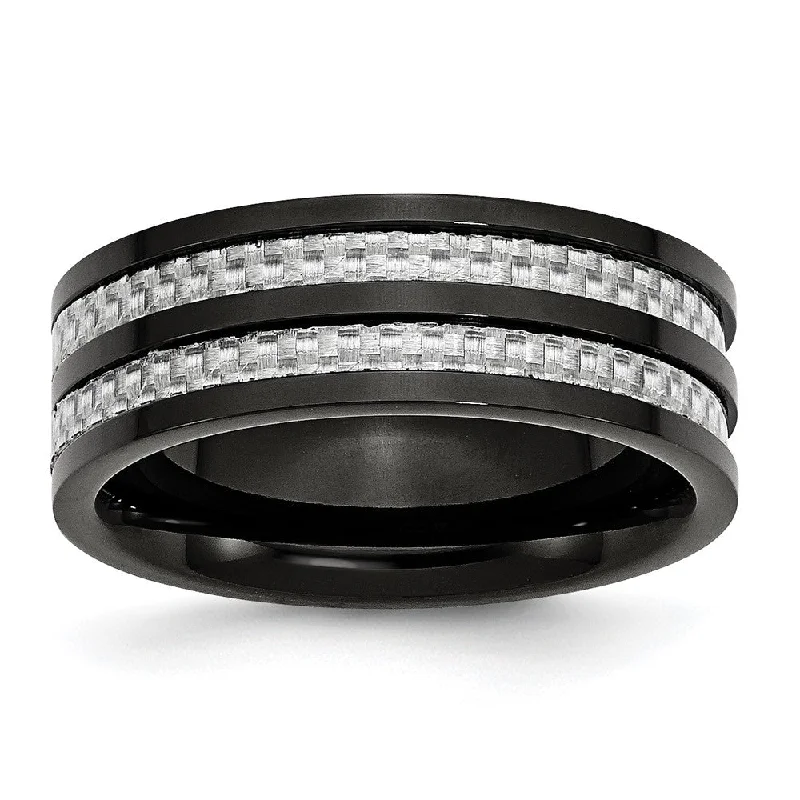 geometric necklaces for women -Men's 8mm Black Plated Titanium Gray Carbon Fiber Standard Fit Band