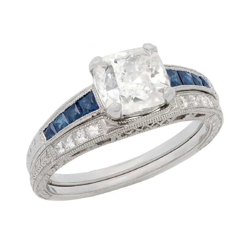 promise engagement rings for women -Art Deco Platinum Diamond and Sapphire Engagement + Contoured Band Ring Set 1.53ct