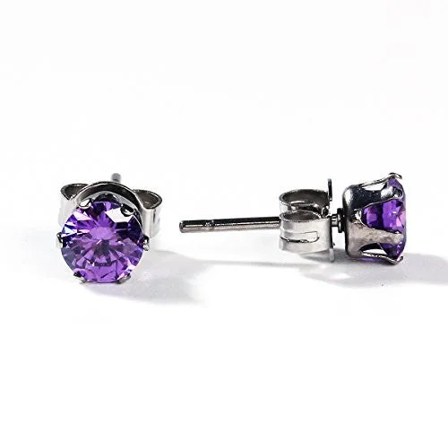 luxury engagement rings for women -Sexy Sparkles Women's 6mm Stainless Steel Round Purple Cubic Zirconia Stud Earring Silver Plated