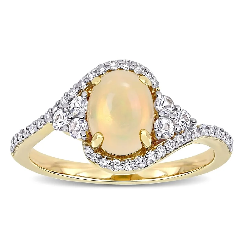 Miadora 10k Yellow Gold Ethiopian Yellow Opal White Sapphire & 1/5ct TDW Diamond Bypass Ring