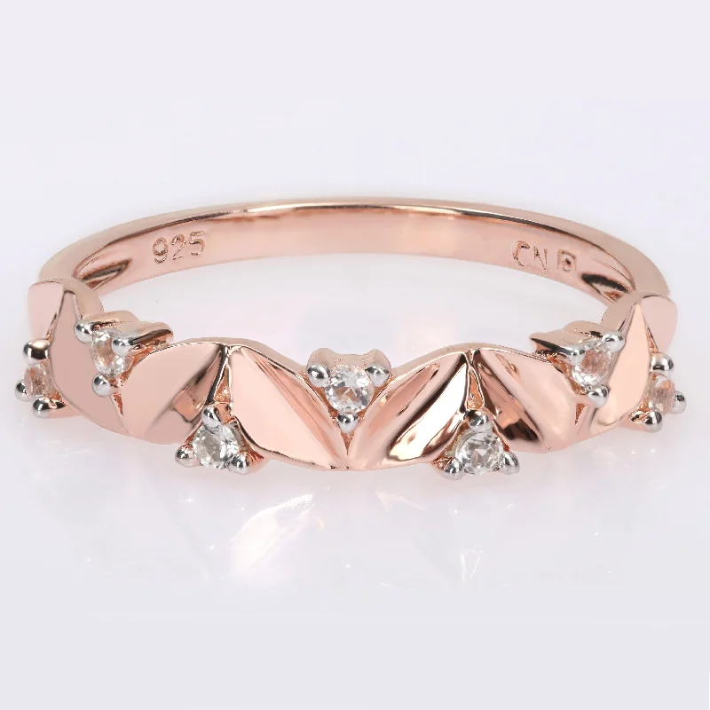 Miadora White Topaz Leaves Stackable Band Ring in Rose Plated Sterling Silver