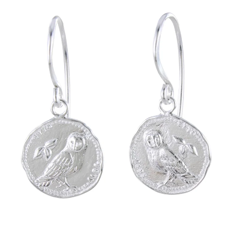 luxury earrings for brides -Owl Coin Sterling Silver Drop Earrings