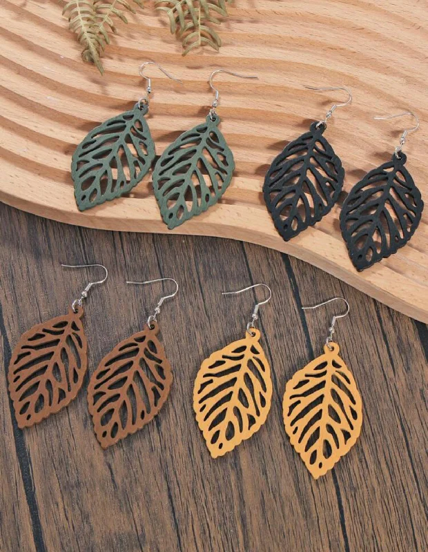 luxury earrings for women -4 Pairs of Hollow Leaf-Shaped Wooden Earrings