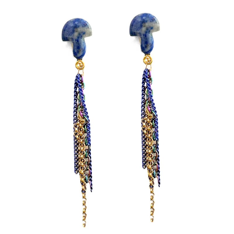 silver drop earrings for women -PSYCHEDELIC BLUE DREAM MUSHROOM CHAIN STUDS