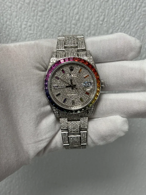 Rolex Datejust Stainless Steel 41mm Custom Iced Out Pave Rainbow Stick Dial Watch Reference# 126300