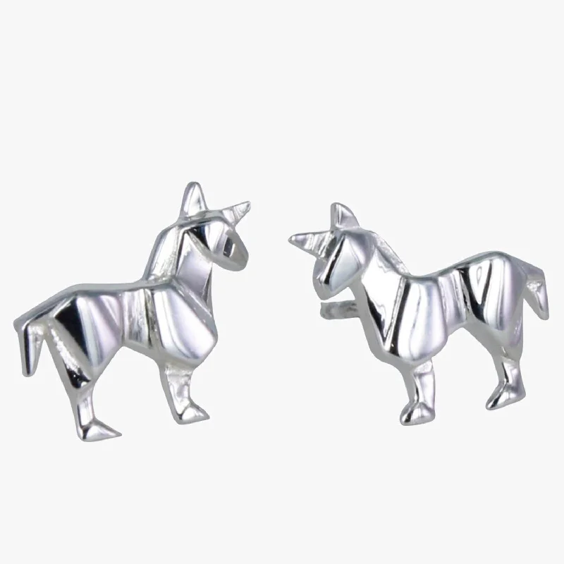 chunky gemstone rings for women -Sterling Silver Origami Unicorn Stud Earrings