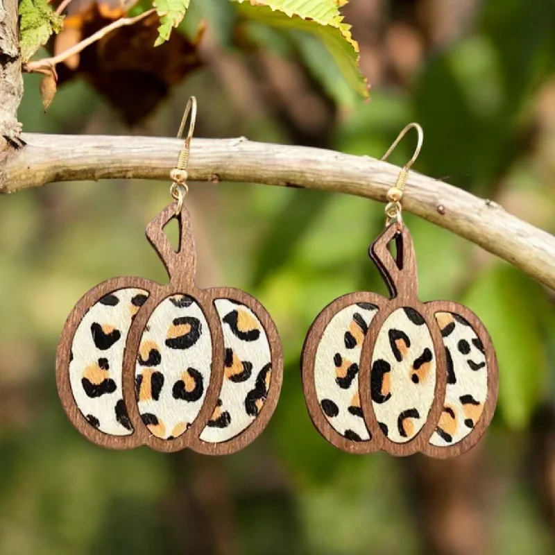 wedding band rings for brides -Wooden Leopard Print Pumpkin Earrings