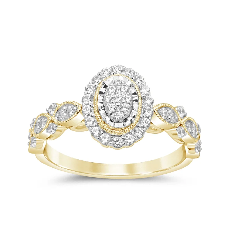 gold plated necklaces for women -Oval Shaped Halo Ring with 1/2ct of Diamonds in 9ct Yellow Gold