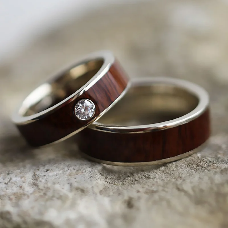 trendy engagement rings for women -Matching Wood & Gold Wedding Band Set