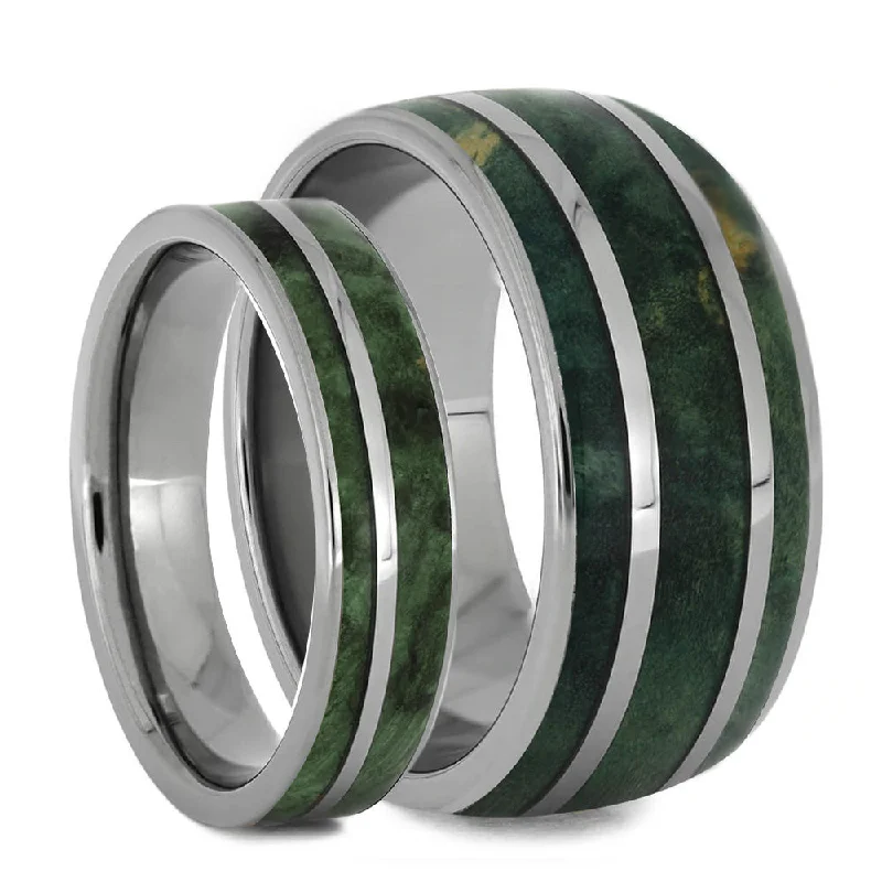 matching engagement rings for couples -His & Hers Wood Rings Set, Green Wedding Band Set