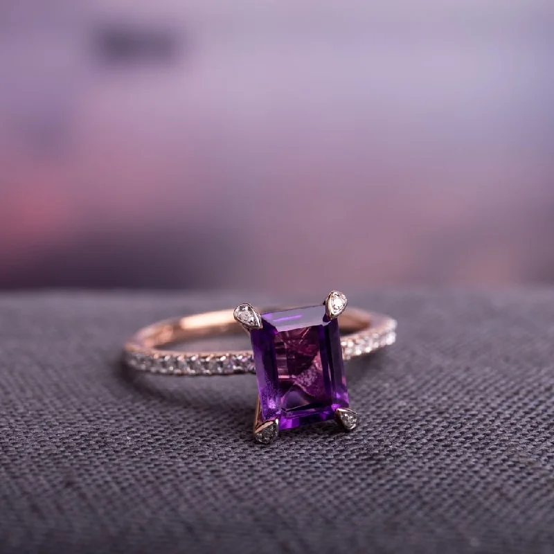 affordable engagement rings for women -Miadora 10k Rose Gold Octagon-Cut African-Amethyst and 1/10ct TDW Diamond Solitaire Ring