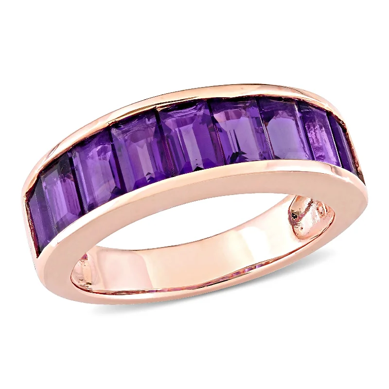 Miadora Rose Plated Sterling Silver Baguette African-Amethyst Semi-Eternity Anniversary Band Ring