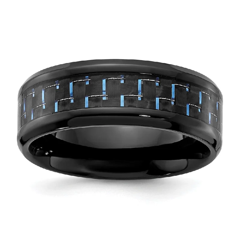 unique necklaces for women -8mm Black Plated Titanium Black/Blue Carbon Fiber Beveled Band