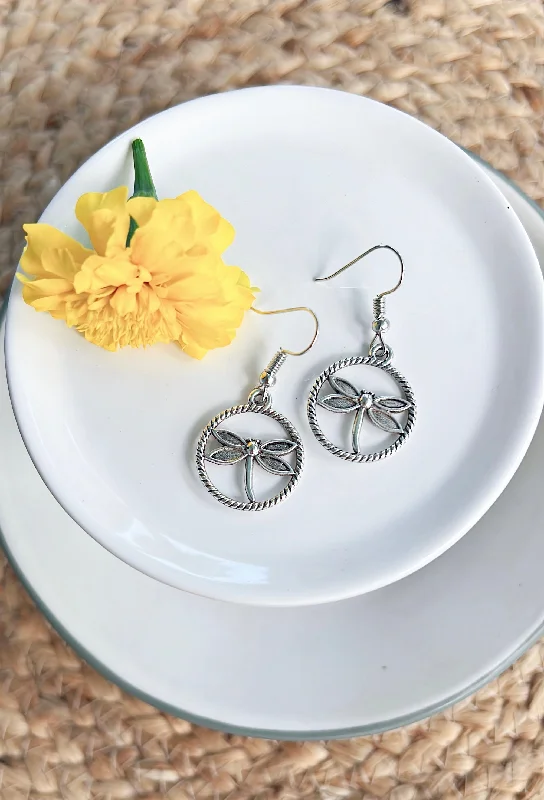 chandelier earrings for women -Dainty Round Dragonfly Earrings