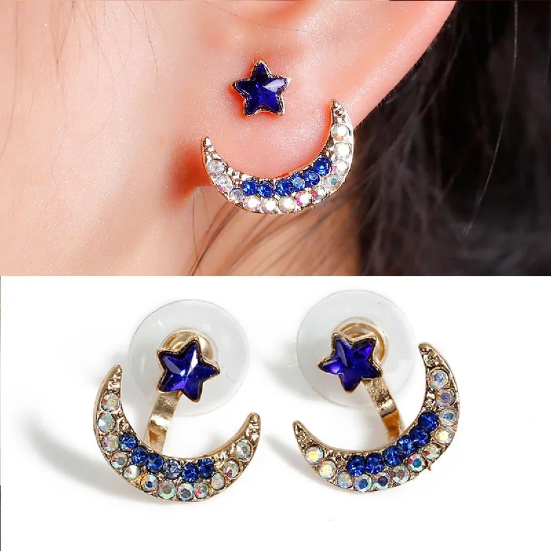 trendy earrings for women -Sexy Sparkles Ear Jacket Stud Half Moon Earrings Back Ear Cuffs Stud Earring