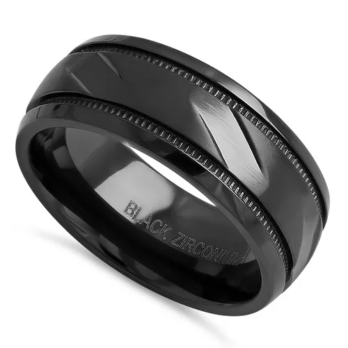 Black Zirconium 8mm Coin Edged Brushed Band Ring