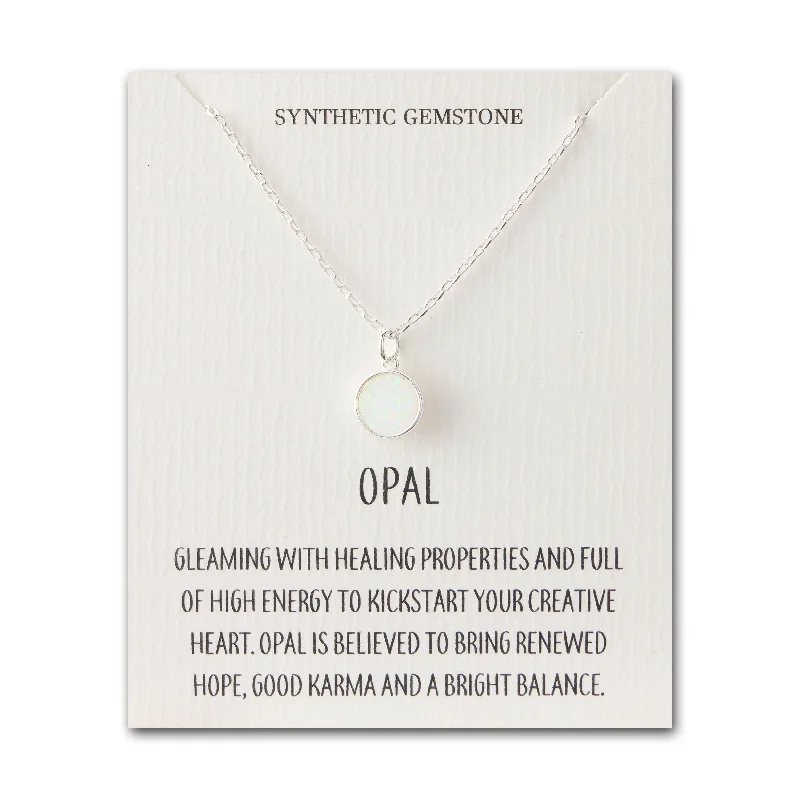 simple gold necklaces for women -Silver Plated Synthetic White Opal Necklace with Quote Card