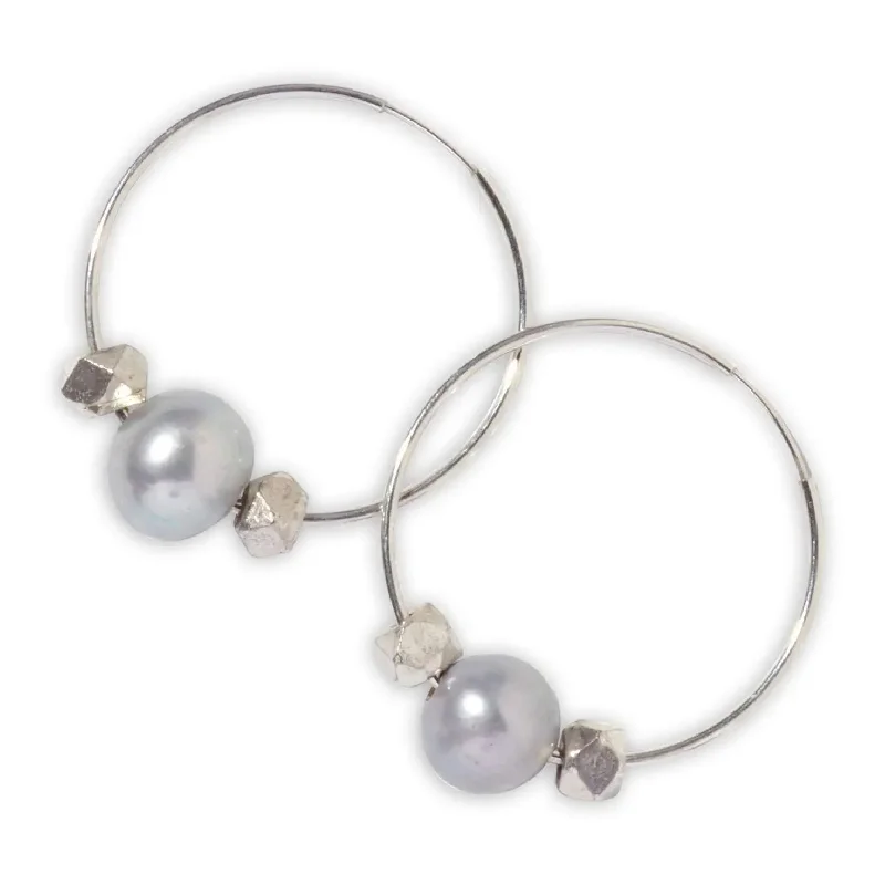 chunky gemstone rings for women -Sterling Silver Hoops w/ Gray Freshwater Pearls