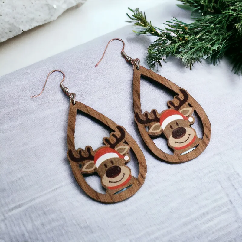 bridal earrings for women -Adorable Wooden Reindeer Drop Earrings