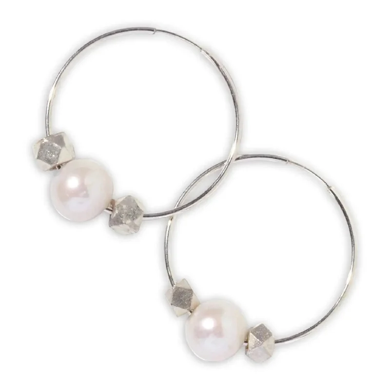 retro rings for women -Sterling Silver Hoops w/ White Freshwater Pearls