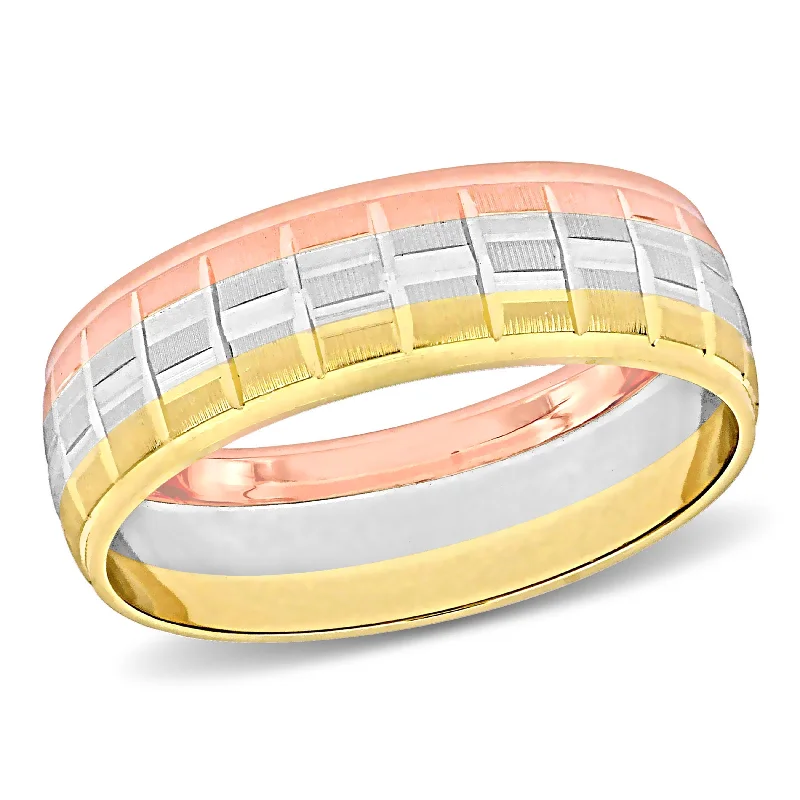 engagement rings with pearls -Miadora 6 mm Mens Textured Wedding Band in 3-Tone 10k Yellow White and Rose Gold