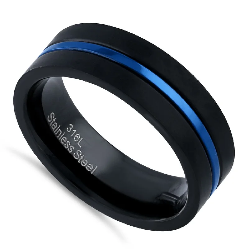 Black Stainless Steel 6.5mm Satin Finish Blue Striped Band Ring