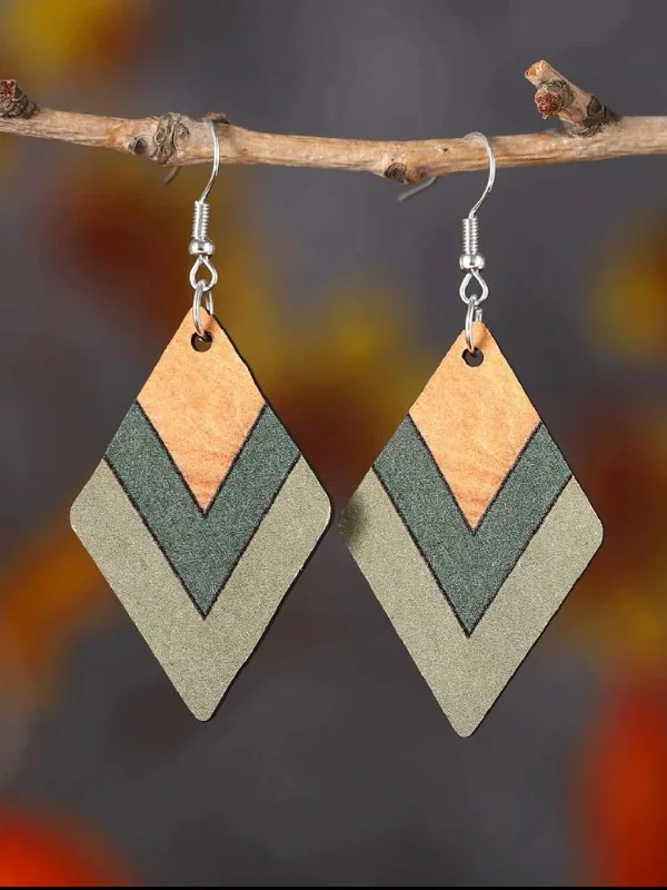 modern earrings for brides -Wooden Rhombus Drop Earrings