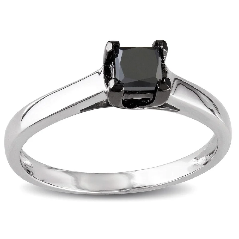 custom engagement rings with initials -Miadora 10k White Gold 1/2ct TDW Black Princess-cut Diamond Solitaire Ring