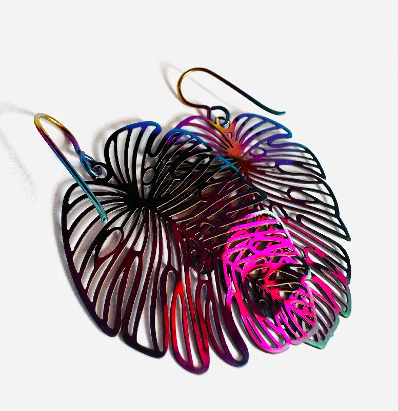 fashion rings for women -Monstera Leaf Colorful Earrings/Leaf Earrings /Niobium