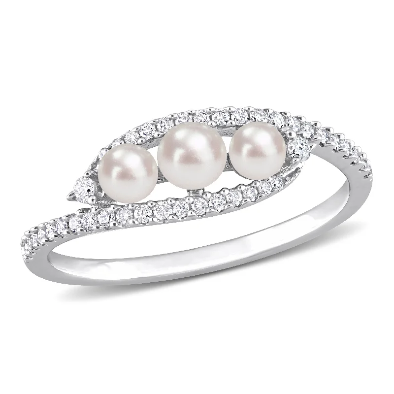 Miadora Cultured Freshwater Pearl and 1/5ct TDW Diamond Bypass Ring in 14k White Gold